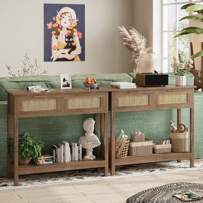 Trironsun Farmhouse Rattan Console Table with 2 Drawers 2 Tier Boho Narrow Long Sofa Table Natural with Open Storage Shelf Wood Entryway Table for Living Room Hallway Foyer - color: Caramel Oak