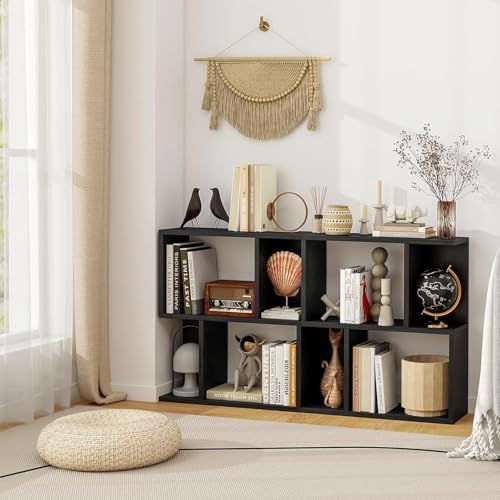 22’’ H Geometric Bookshelf, 2-Tier S-Shaped Floor Bookcase, Freestanding Open Display Book Shelf for Small Spaces, Low Side Table for Living Room & Bedroom (1, Black) - color: Black