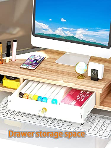 Triangle Monitor Stand Riser,Cut Triangle Save Space Desktop Corner,Desktop corner shelf with drawers wooden computer stand with storage laptop risers office organization. (Have drawers)