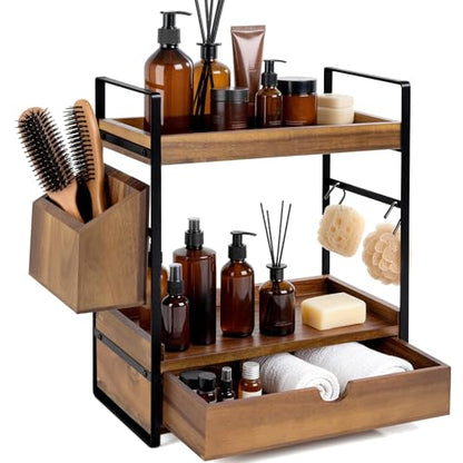2-Tier Bathroom Counter Organizer, Acacia Wood Vanity Shelf with Drawer | Pre-Drilled Holes, Skincare & Makeup Countertop Organizer and storage, Acacia Dark Brown - color: Acacia wood-Dark Brown