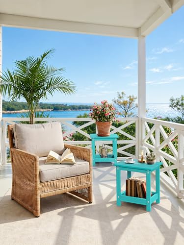 LUE BONA Small Outdoor Side Table, 2-Tier HDPE with Rail, Aruba Blue | Outdoor End Table with Rail for Patio, Deck, Poolside, Weather Resistant HDPE, Low Maintenance, Easy to Clean - color: Aruba Blue