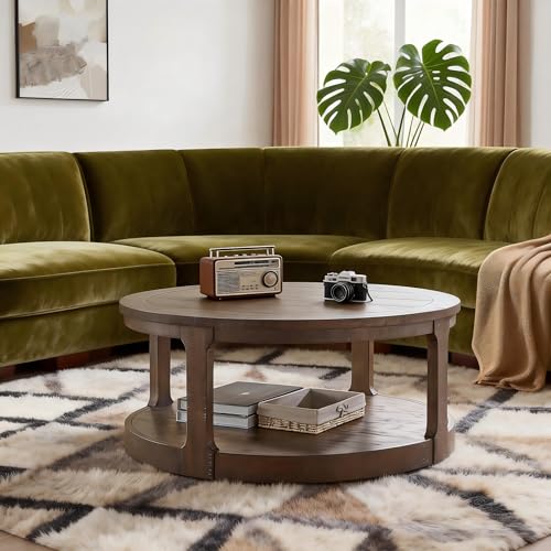 Coffee Table Round 40 inch for Living Room Modern 2-Tier Solid Wood Desktop Coffee Tables with Stroage Casters Circle Drum Tea Wooden Handcraft Home Furniture for Apartment Easy Assembly Brown - color: 40 Brown 2-tier