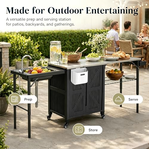 Outdoor Grill Cart with Storage Cabinet, 3-in-1 Movable Kitchen Island Cart, Outdoor Grill Cooking Station with Stainless Steel Countertop&Rolling Wheels&Folding Side Tables for Backyard Patio