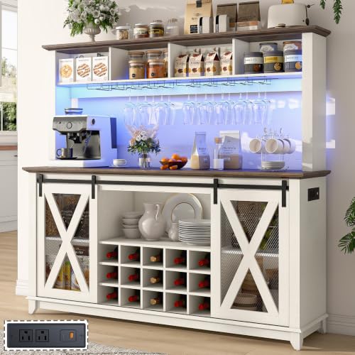 63"Wide 58"H Farmhouse Coffee Bar Cabinet with Power Outlet and LED Light,Wine Bar Cabinet w/ 4 Storage Hutch,Kitchen Buffet Cabinet with 15 Wine and Glass Racks for Kitchen Dining Room(Antique White) - color: Antique White, size: 63in