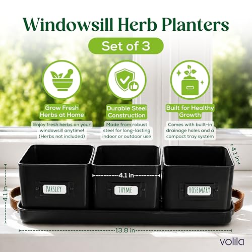 volila Herb Planter Indoor - Set of 3 Black Indoor Herb Garden Pots for Plants with Leather Handled Tray - Window Sill Plant Shelf - Herb Pots with Drainage Holes and Labels - color: Black
