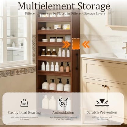 Rolling Spice Rack Next to Side of Fridge Storage Slim Narrow Shelf Lightweight 7 Tier Wooden Storage Cart for Kitchen, Dining Room, Bathroom, Small Spaces (Teak, 72.4" H x 9.8" W x 21.6" D) - color: Teak