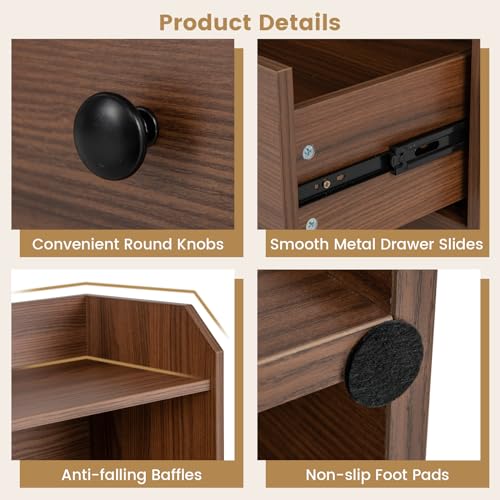 LDAILY Moccha 3 Drawers Dresser with Shelf, Modern Dresser Tower with 2 Open Shelves, Chest of Drawers with Anti-toppling Device, Tall Storage Dresser Nightstand, Living Room, Walnut - color: Walnut