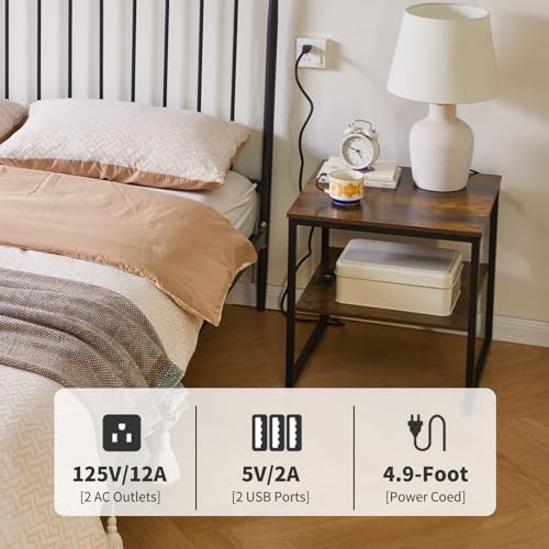 Aibiju Square Side Table with Charging Station and USB Port, 20-inch Multi-Functional Side Table/Printer Table with Adjustable Storage Shelf, Retro Brown YD-TM153HD - color: Rustic Brown, style: With Charging Station