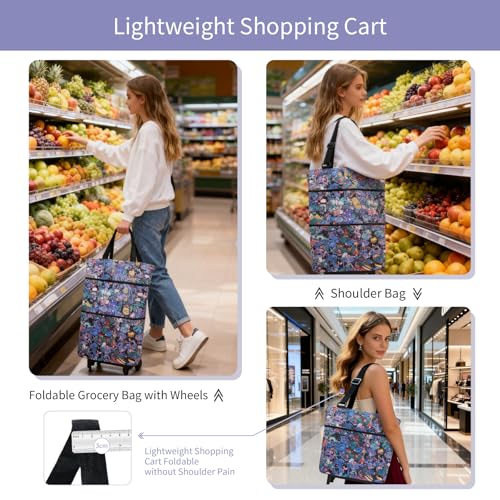 Folding Shopping Bag with Wheels, Small Rolling Folding Grocery Cart on Wheels, Collapsible Wheeled Portable Rolling Tote Bag for Groceries Shopping Cart