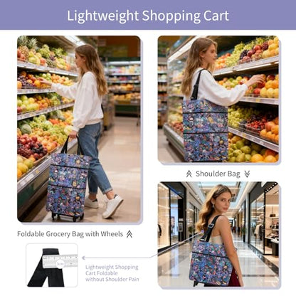Folding Shopping Bag with Wheels, Small Rolling Folding Grocery Cart on Wheels, Collapsible Wheeled Portable Rolling Tote Bag for Groceries Shopping Cart