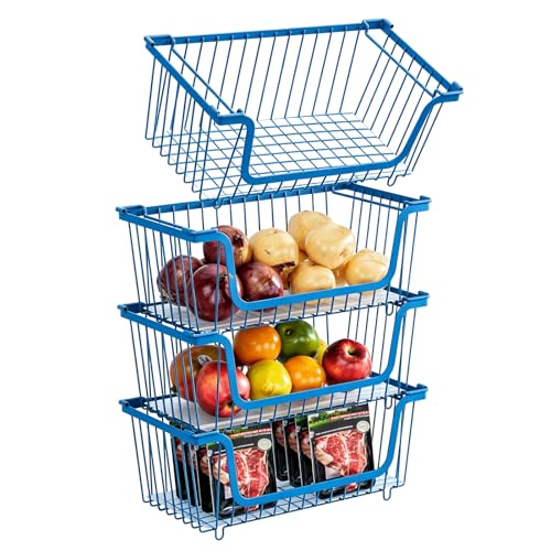 GAOKASE 4 Pcs Stackable Wire Baskets for Pantry Organizers and Storage,Vegetable Fruit Basket for Countertop,Kitchen Storage Metal Baskets,Produce Potato Onion Storage Bin,blue - color: 1-blue
