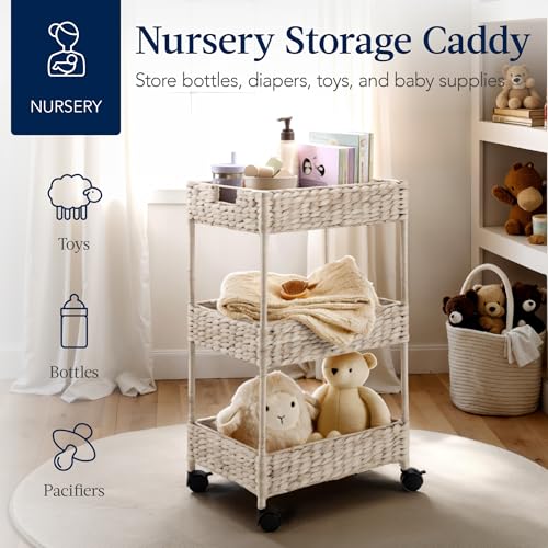 Best Choice Products 3-Tier Water Hyacinth Rolling Nursery Caddy w/Wheels, Utility Cart, Storage Organization for Bathroom, Craft Room, Laundry Room - Whitewash - color: Whitewash