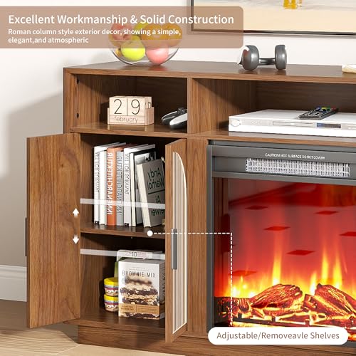 59 Inch Fireplace TV Stand with 23'' Electric Fireplace, Mid Century Modern Fluted Entertainment Center for TVs up to 65", TV Console with Storage for Living Room, Bedroom (Walnut,With Fireplace) - size: With Fireplace