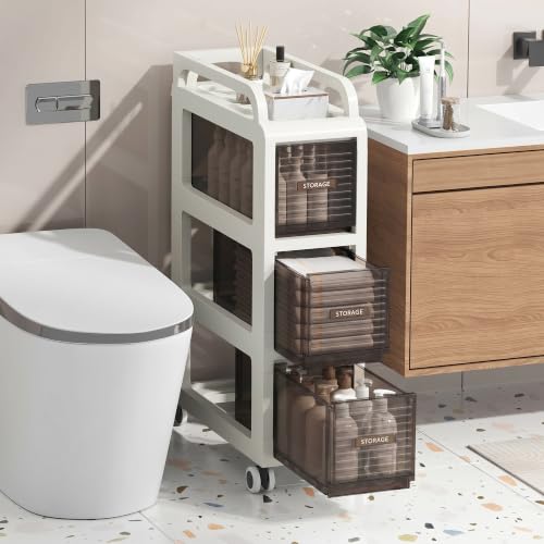 Bathroom Storage with Drawers, 7.87" Wide Slim Storage Cabinet with Wheels for Small Spaces, Narraw Cart for Kitchen Office Bedroom Dinning Room Under Desk, 26" Tall - size: 20x41x65 cm