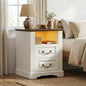 RALGEND Farmhouse Nightstand with Charging Station, Night Stand with 2 Drawers, End Tables Living Room, LED Bed Side Table with Open Shelf, End Table for Bedroom, Living Room, White and Walnut - color: White and Walnut