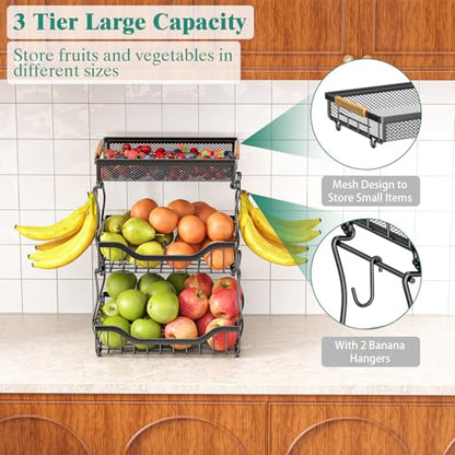 Giwil 3 Tier Countertop Fruit Mesh Basket for Kitchen, Vegetable Storage Bread Fruit Bowl Stand with 2 Banana Hooks, Wall Mounted Metal Wire Basket Organizer for Potato Onion, Black - size: 3 Tier Mesh Basket Top