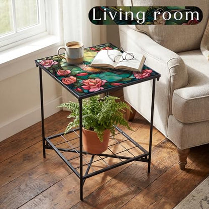 Cinnvoice Outdoor Side Table 2-Tier Storage Square Small Mosaic Patio Accent Indoor End Plant Coffee Tea Table for Yard Patio Porch Garden Living Room, Bedroom(Hummingbird Style) - style: Hummingbird Style