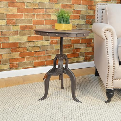 Carolina Chair & Table Adjustable Hand Crank 18" Wooden Top Rustic Side Table - Cast Iron Base Round Accent Table for Farmhouse, Living Room, or Bedroom (Industruial) - color: Industruial