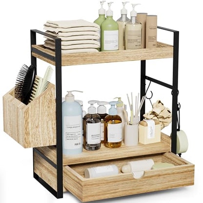 2-Tier Bathroom Counter Organizer, Wooden Vanity Shelf with Drawer & Basket | Pre-Drilled Holes, Skincare & Makeup Countertop Organizer and storage - color: Light Brown