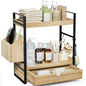 2-Tier Bathroom Counter Organizer, Wooden Vanity Shelf with Drawer & Basket | Pre-Drilled Holes, Skincare & Makeup Countertop Organizer and storage - color: Light Brown