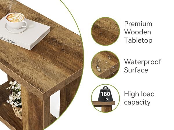 LITTLE TREE 2 Tier Side Table with Storage Shelf, Rustic Wood End Table, Narrow Nightstand Bedside Table for Living Room, Bedroom, Small Spaces, Rustic Brown, 15.75" D x 27.56" W x 25.2" H - color: Rustic Brown