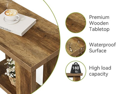 LITTLE TREE 2 Tier Side Table with Storage Shelf, Rustic Wood End Table, Narrow Nightstand Bedside Table for Living Room, Bedroom, Small Spaces, Rustic Brown, 15.75" D x 27.56" W x 25.2" H - color: Rustic Brown