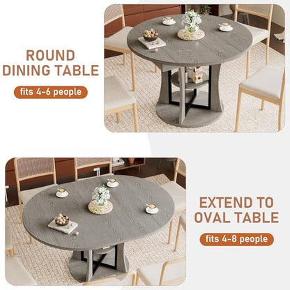 Extendable Round Dining Table for 4-6-8, 43.3-59in Expandable Kitchen Table with Storage Shelf, Space Saving Circle Oval Dining Table with Leaf for Kitchen, Dining Room, Gray - color: Grey