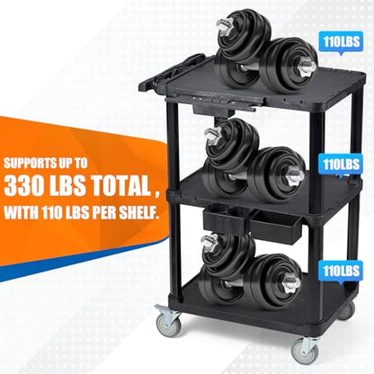 ELAFROS Heavy Duty 3-Tier AV Cart with Power Strip, 27.5 x 18.25 Inch, Industrial Plastic, 330 lbs Capacity, Flat Top Shelves with Swivel Wheels – Multipurpose Rolling cart - style: With Power Strip