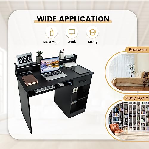 GOFLAME Computer Desk, Home Office Desk with Large Drawers, Hutch, Keyboard Tray, 5-Position Adjustable Open Shelves, Easy Assembly, Writing Desk for Bedroom, Small Space, Living Room, Black - color: Black