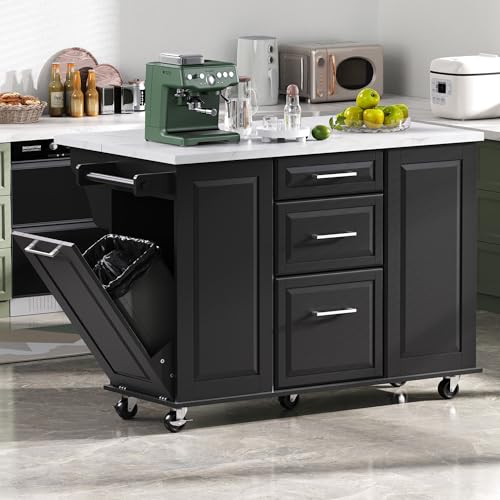 Kitchen Island with Trash Can Storage Cabinet and Faux Marble Top | Black, 50.7" Rolling Kitchen Cart on Wheels with Drop Leaf, Spice Rack, Towel Rack and Adjustable Shelf for Dining Room - color: Black