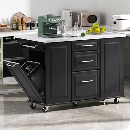 Kitchen Island with Trash Can Storage Cabinet and Faux Marble Top | Black, 50.7" Rolling Kitchen Cart on Wheels with Drop Leaf, Spice Rack, Towel Rack and Adjustable Shelf for Dining Room - color: Black