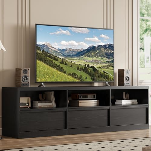 Modern TV Stand with Storage for TVs Up to 85", 70 inch Media Console with Drawer & Open Shelves, Mid Century Entertainment Center for Living Room, Black - color: Black