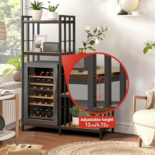 Mini Fridge Stand with Storage,6-Tier Adjustable Bakers Rack with Power Outlet, Mini Fridge Cabinet Shelf, Utility Microwave Stand for Kitchen Living Room Office Dorm