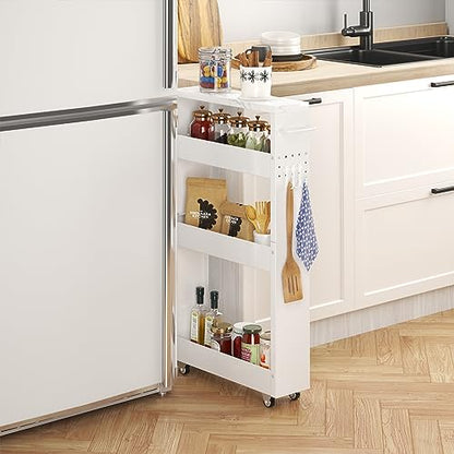 XYZLVSI Slim Storage Cart, 4 Tier Narrow Kitchen Rolling Cart with Wheels | 5.1" W narrow shelf for small spaces, 13" bottom metal utility cart with handle for bathroom/laundry, skinny storage cart - size: 5.1IN-White