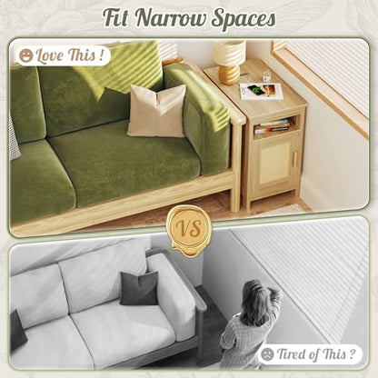 Huuger Narrow Night Stand, End Table with Charging Station, USB-C Port, Rattan Side Table with Cabinet and Open Shelf, Synthetic Rattan, for Small Spaces, Bedroom, Natural Wood - color: Natural Wood