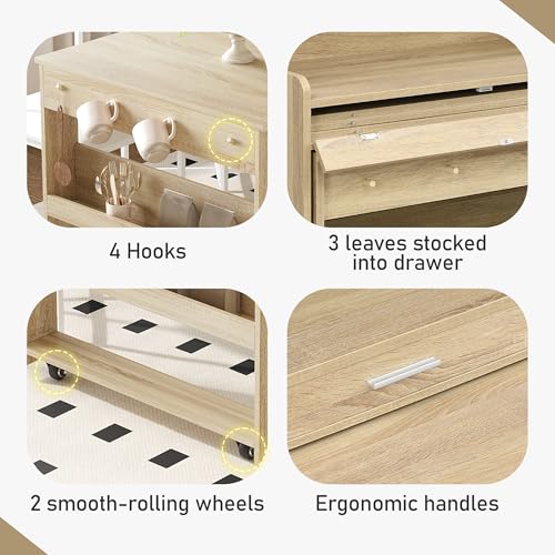 Spaco 2-in-1 Folding Dining Table and Buffet Cabinet Set,Compact Pull-Out Kitchen Table with Wheels,Storage Shelf and Side Hooks,Multifunctional Cupboard for Small Place (Oak) - color: Oak