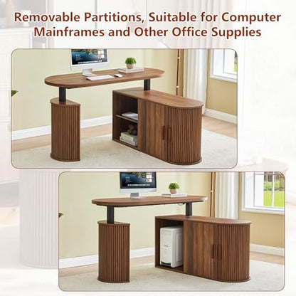 55" L Shaped Standing Desk with Storage, Oval Electric Desk Height Adjustable Executive Desk with File Drawer, Fluted Wood Desk Office Sit Stand up Desk for Work, Study, Writing, Walnut - color: 55'' L Shape Walnut