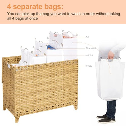 Laundry Hamper with 4 Removable Liner Bags; 176L Handwoven Rattan Laundry Basket with Lid & Heightened Feet; Clothes Hamper with Side Handles - color: Natural, size: 176L-4 Section