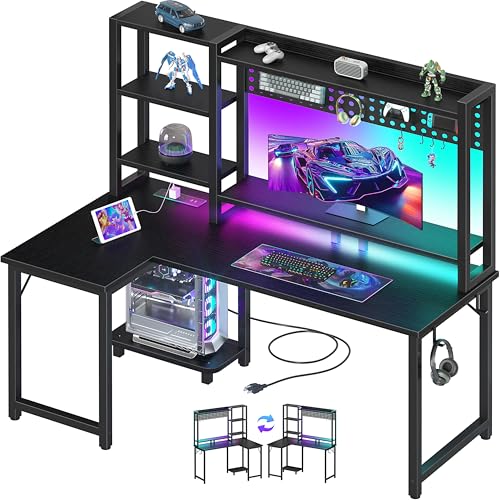 L Shaped Gaming Desk with Shelves - 48 inch Corner Computer Desks with Storage Hutch Shelf Reversible Pegboard Led Lights Power Outlets PC Monitor Stand for Bedroom, Black