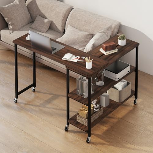 Tangkula Large 360° Free Rotating Sofa Side Table, Patented Mobile Couch Desk with 2-Tier Storage Shelves, Movable Laptop Desk with Sturdy Metal Frame, Extendable Couch Snack Table for Home Office - color: Walnut, size: Large