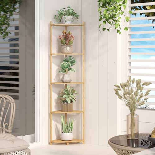 Wisuce Natural Tall Corner Shelf Stand, 5-Tier Bamboo Corner Bookshelf | Space-Saving Narrow Corner Shelf | Bathroom Corner Shelf | Shelves for Bedroom, Living Room, Kitchen & Plant Display - color: Natural, size: 5 Tier
