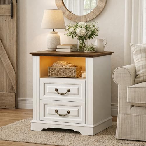RALGEND Farmhouse Nightstand with Charging Station, Night Stand with 2 Drawers, End Tables Living Room, LED Bed Side Table with Open Shelf, End Table for Bedroom, Living Room, White and Walnut - color: White and Walnut