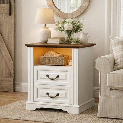RALGEND Farmhouse Nightstand with Charging Station, Night Stand with 2 Drawers, End Tables Living Room, LED Bed Side Table with Open Shelf, End Table for Bedroom, Living Room, White and Walnut - color: White and Walnut