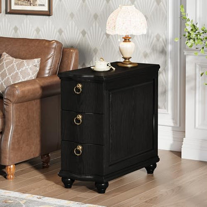 Tribesigns Wood Black End Table Set of 2, 3-Drawers Fully Assembled Narrow Slim Side Table, No Assembly Required, Nightstand for Bedside, Small Spaces, Living Room, Bedroom - color: Black