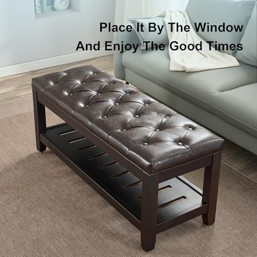 44" Entryway Bench with Shoe Storage, End of Bed Bench, Upholstered Ottoman Storage, 500 LBS Capacity for Entryway, Living Room, Hallway - color: Dark Brown(pu)-1