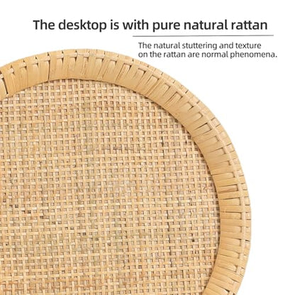 Drink Table，Rattan Round Small Side Table for Small Spaces, Boho Circle End Table Coffee Table with Solid Wood Leg for Living Room, Pedestal Table for Bedroom, Corners - size: High: 21.4", style: Bohemian
