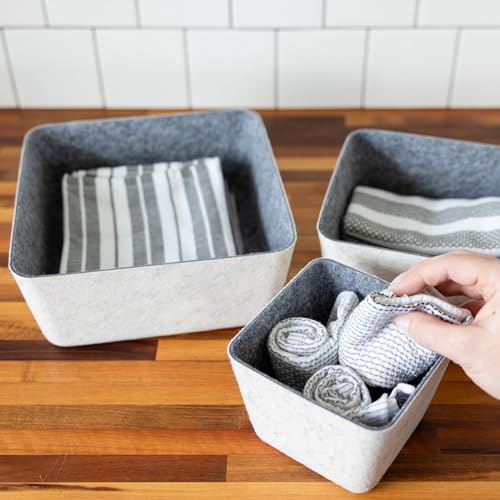 Three by Three Seattle Tapered Felt Storage Bins 2-Pack 9x9 Cream/Charcoal | Recycled felt tapered bins; soft non-scratch; 5"x5" fits most drawers; organize desk, office, bathroom, bedroom & entryway - color: Cream/Charcoal