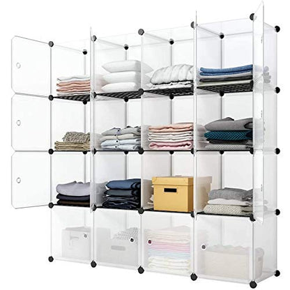 Aeitc Cube Storage Organizer Storage Cubes Add Wire Panel DIY Stackable Cubes Plastic Organizing Modular Cabinet Bookcase Cubby Closet Shelf for Bedroom, Living Room,16 White Cube with Door