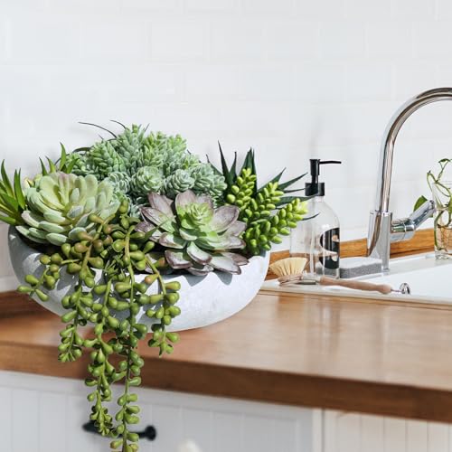 Winlyn 9" Artificial Succulent Arrangement Succulent Plants in Gray Round Planter Faux Potted Succulents for Home Office Bedroom Kitchen Bathroom Table Centerpiece Windowsill Shelf Mantel Decor