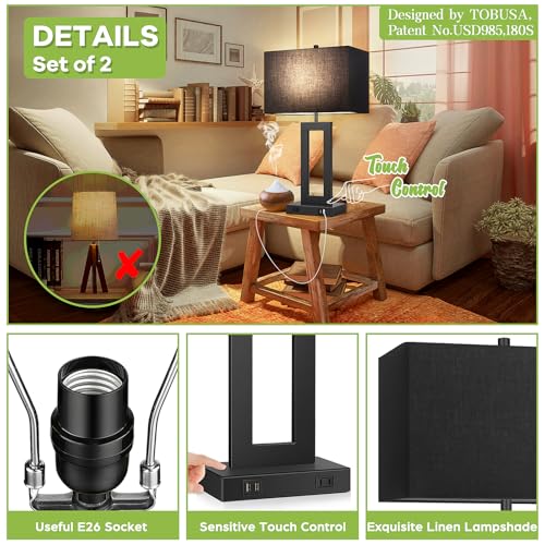 Set of 2 Touch Control Table Lamps with 2 USB Ports&AC Outlet, 3-Way Dimmable Modern Nightstand Lamp Sets, Bedside Black Lamps for Bedroom Living Room End Tables Reading, Bulbs Included, Black Shade | 3 Way Dimmable, Touch Control, Black Fabric Shade, Des